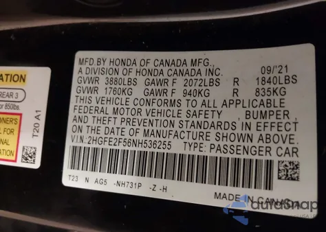 2022 Honda Civic Sport z USA, uszkodzony, nr VIN 2HGFE2F56NH536255